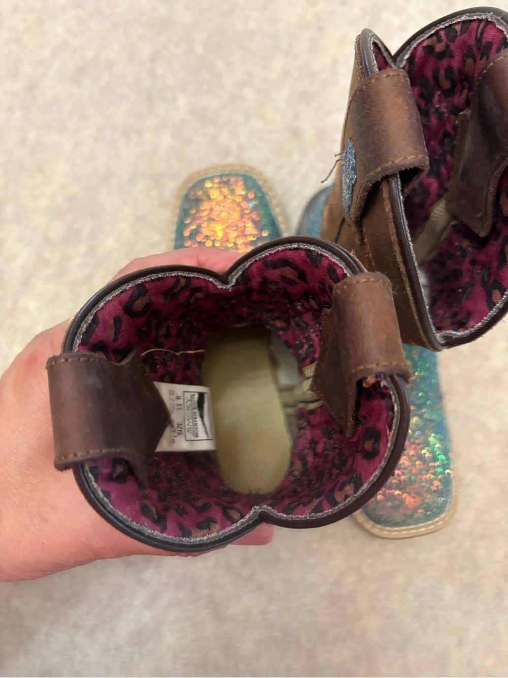 Smoky Mountain Glitter Blue Teal Brown Square Toe Western Cowgirl Boots Girls 11